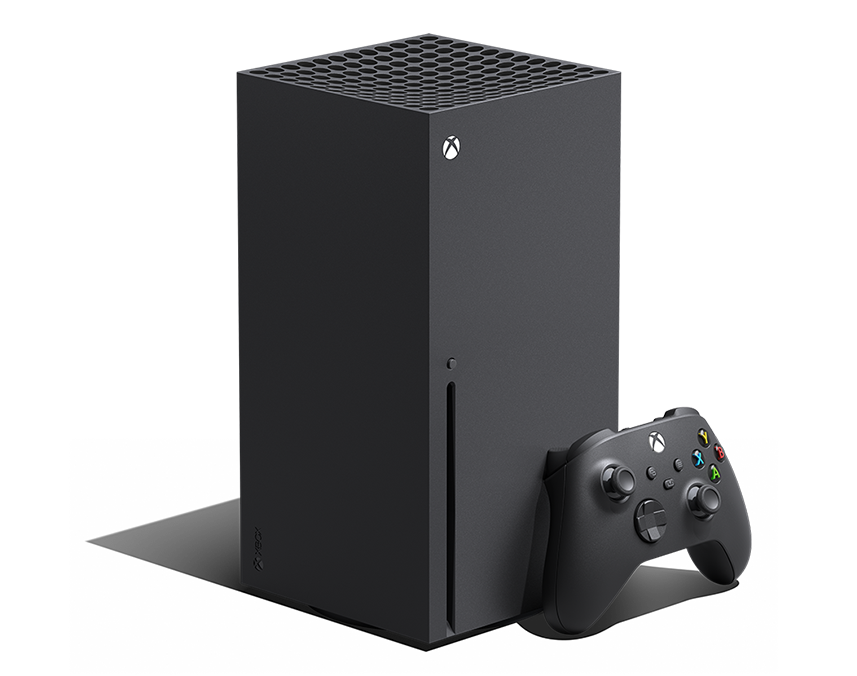 Photo officielle d'une console Xbox Series X noire et de sa manette sans fil.